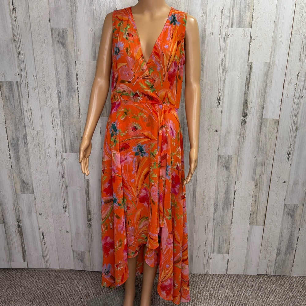 Calvin Klein Floral Orange Sleeveless High Low Maxi Dress - Picture 3 of 10